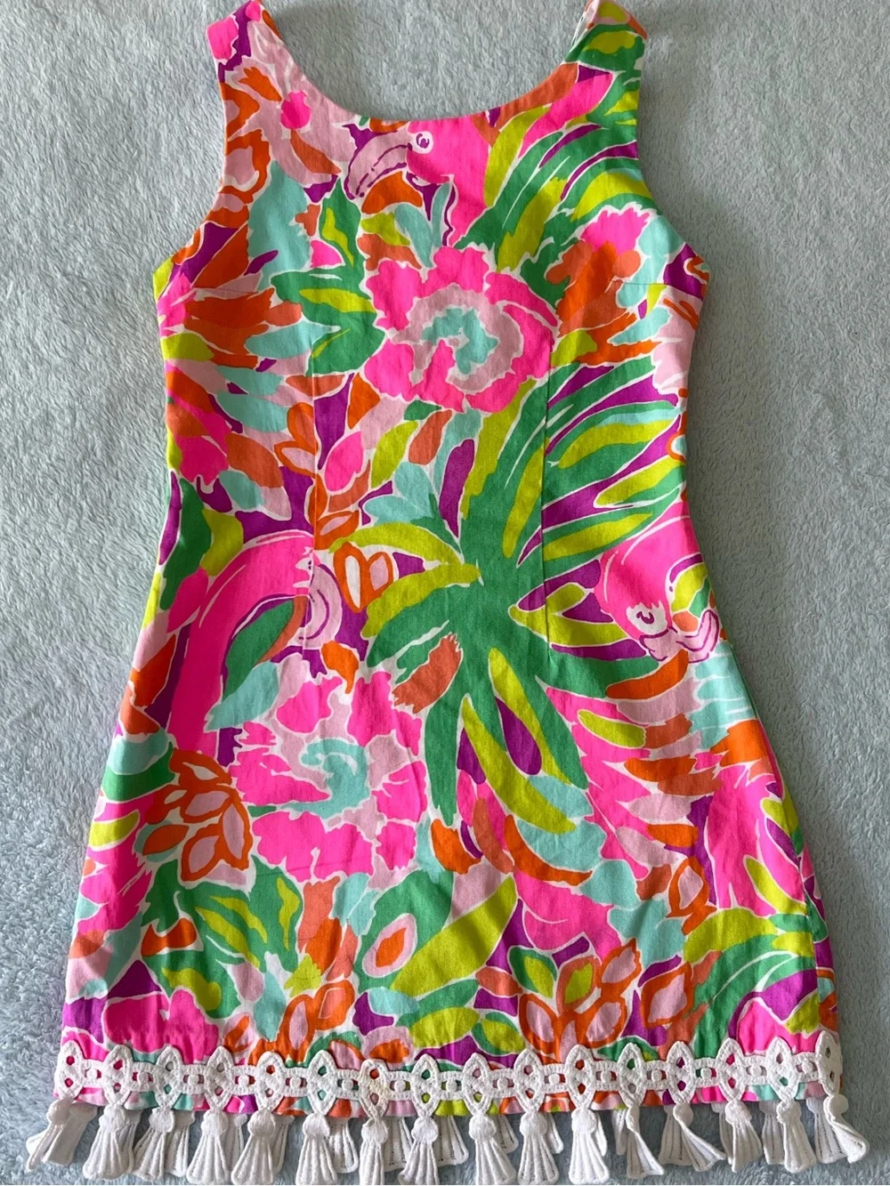 Lilly Pulitzer Shift Dress with Tassel Hem Flamingo Print size 7
